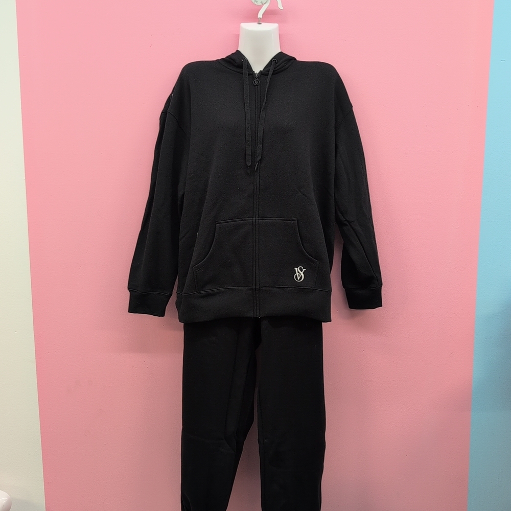 Victoria Secret Angel Essentials Fleece Hoodie & Jogger Sweatpant Medium Black